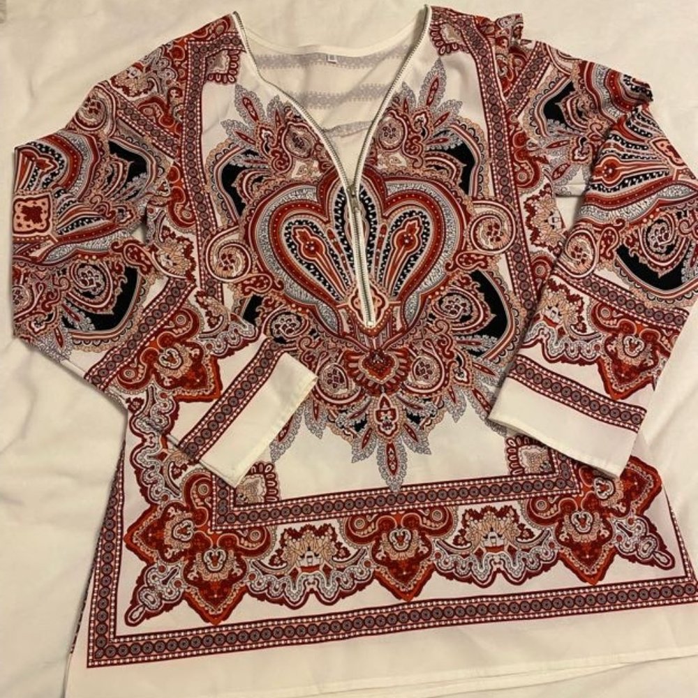 4/$10 Tribal Print Zip Front Tunic